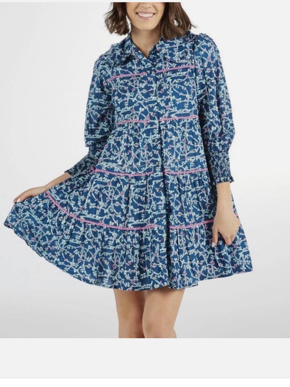 Simply Southern Navy Floral Tiered Button-Front Dress with Pink Trim-NWTO Size L